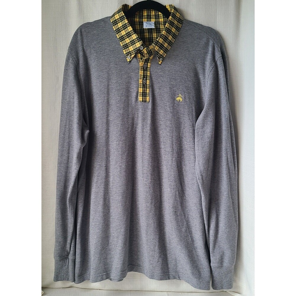 Brooks Brothers XL Performance Polo Long Sleeve Gray Plaid Collar Stretch Shirt